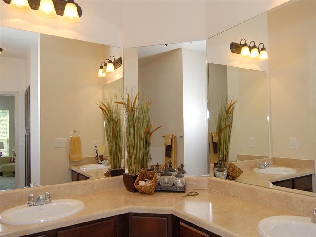 a bathroom with two sinks and a large mirror