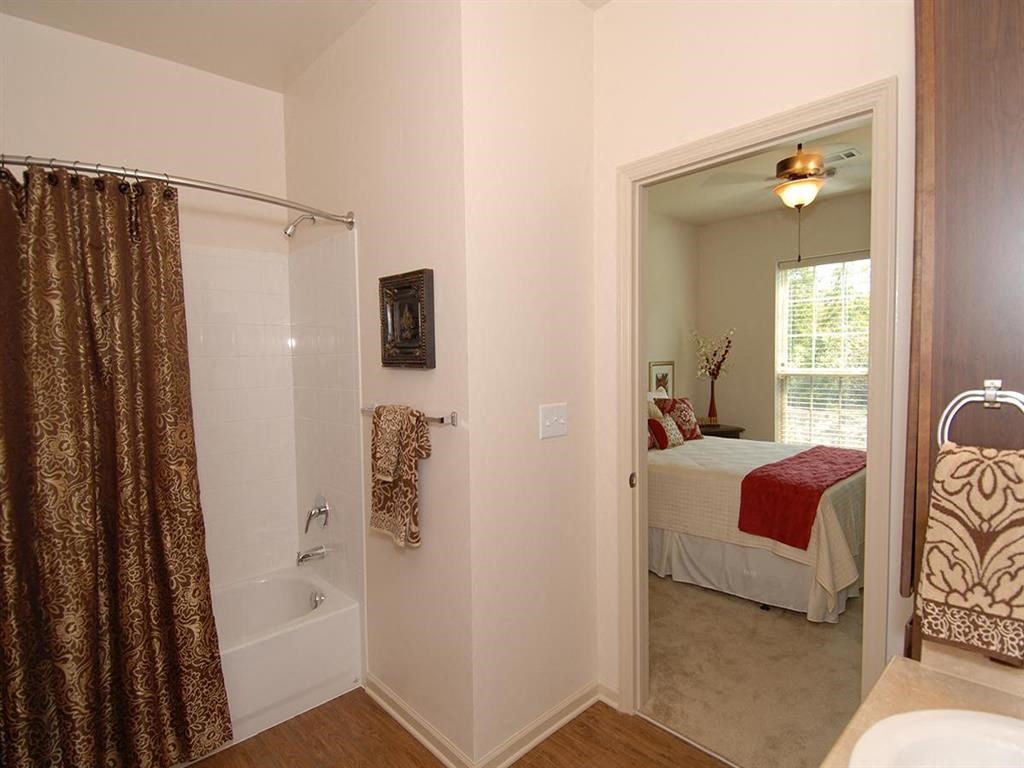 a bathroom with a shower and a bed