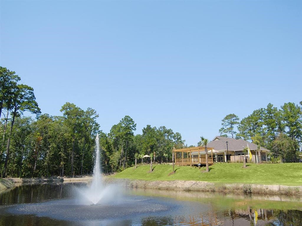 a fountain in a pond with a house in the background