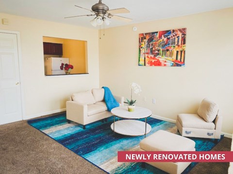 A living room with a white couch and a blue rug.