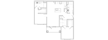 A floor plan of a house with a kitchen, living room, and two bedrooms.