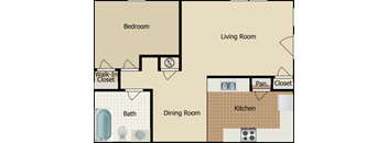 A floor plan of a home showing a bedroom, living room, kitchen, dining room, and bathroom.