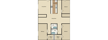 A floor plan of a house with a kitchen, living room, dining room, and four bedrooms.
