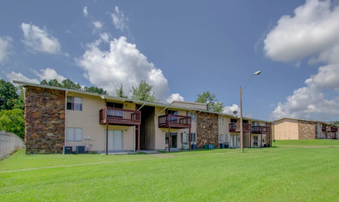 A row of houses with a grassy field in front.