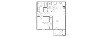 A floor plan of a house with a living room, kitchen, and bathroom.