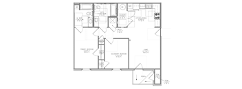 A floor plan of a house with a primary bedroom, a secondary bedroom, a kitchen, a dining room, and a laundry room.