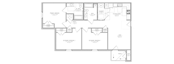 A floor plan of a house with a primary bedroom, two closets, a laundry room, a kitchen/dining room, and a porch.