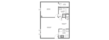 A floor plan of a house with a living room, dining room, kitchen, bedroom and bathroom.