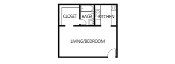 A black and white drawing of a floor plan for a small apartment.