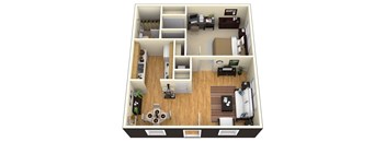 A 3D floor plan of a small apartment with a kitchen, living room, and bedroom.