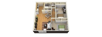 A 3D floor plan of a small apartment with a kitchen, living room, and bedroom.