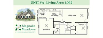 A floor plan for a home in Magnolia Meadows shows a living area, kitchen, pantry, and two bedrooms.