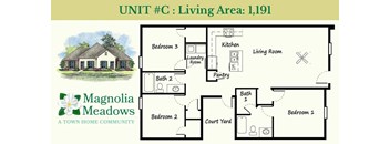 A floor plan of a house from Magnolia Meadows with labeled rooms and a drawing of a house in the corner.