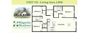 A floor plan for a home in Magnolia Meadows shows a living area, kitchen, and three bedrooms.