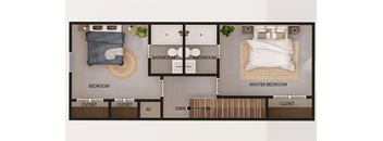 A floor plan of a house with two bedrooms, two bathrooms, and a master bedroom.