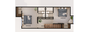 A floor plan of a small apartment with two bedrooms, a bathroom, and a living area.