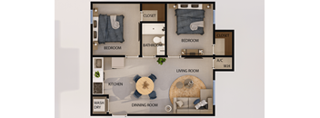 A floor plan of a small apartment with two bedrooms, a kitchen, a living room, a dining room, and a wash dry area.