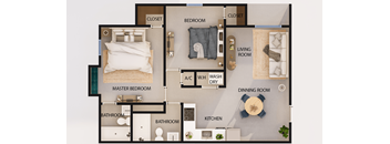 A floor plan of a house with a master bedroom, two bathrooms, a kitchen, a dining room, a living room, and two closets.