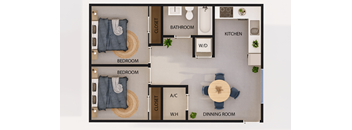 A floor plan of a small apartment with two bedrooms, a bathroom, a kitchen, a dining room, and an area labeled "W/D".