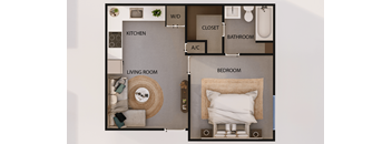 A floor plan of a small apartment with a living room, bedroom, kitchen, and bathroom.