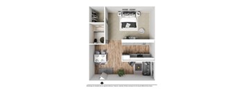 a 3d rendering of a bedroom with a wood floor