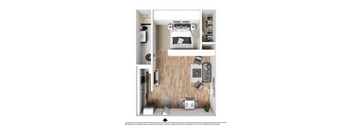 a 1 bedroom floor plan with a bedroom and a bathroom