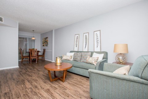 a living room and dining room with couches and a table