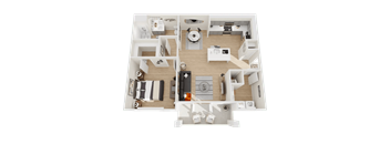 A 3D floor plan of a house showing a kitchen, living room, and two bedrooms.