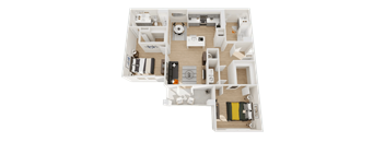 A 3D floor plan of a small apartment with a kitchen, living room, and bedroom.