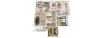 A 3D floor plan of a house showing a kitchen, living room, two bedrooms, and a bathroom.