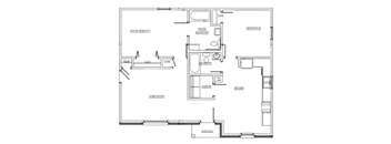 A floor plan of a house with a living room, two bedrooms, a bathroom, a laundry room, and a kitchen.