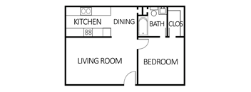 A floor plan of a house with a living room, kitchen, dining room, bedroom and bathroom.