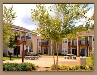 Apartment complex with a tree in front.