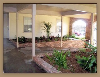A patio with a brick wall and plants.