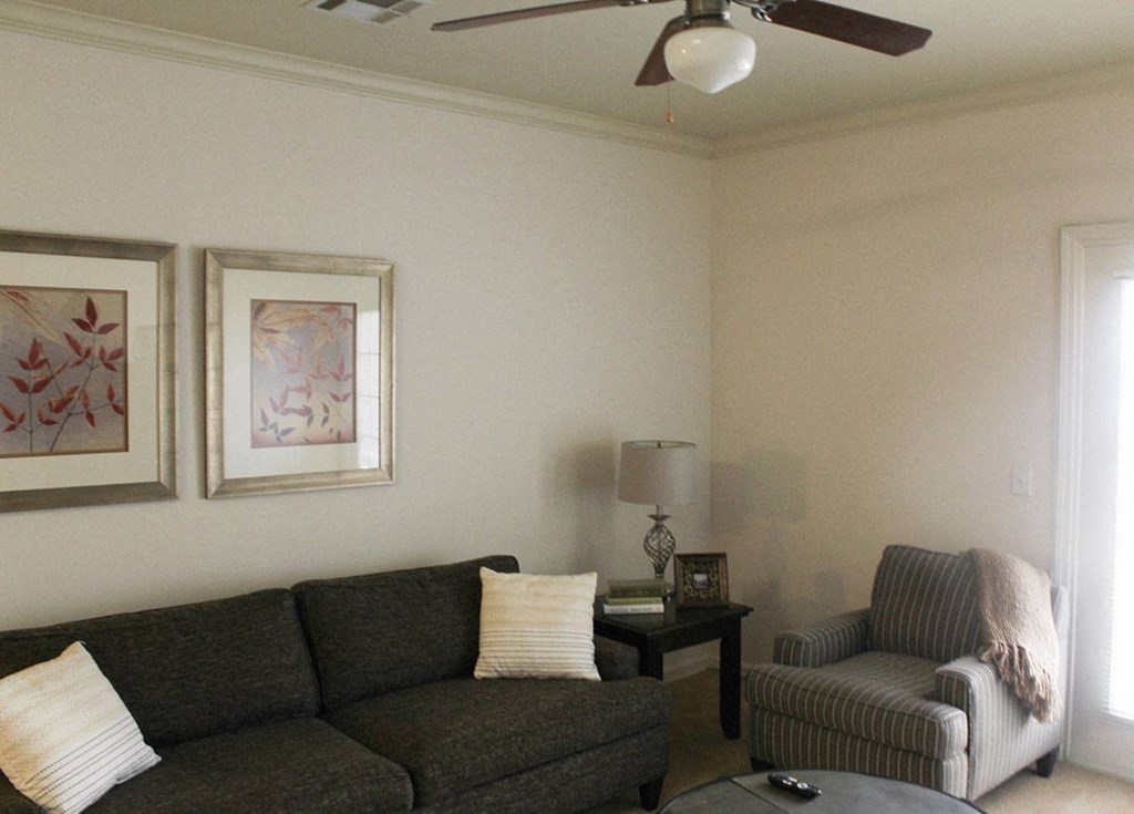 a living room with a couch and a chair