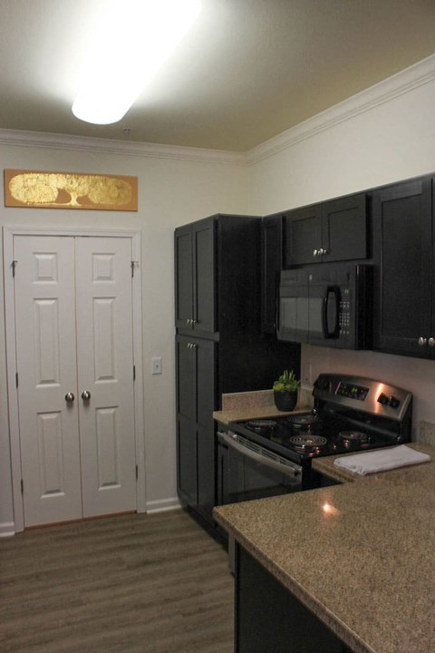 a kitchen with black cabinets and a stove and