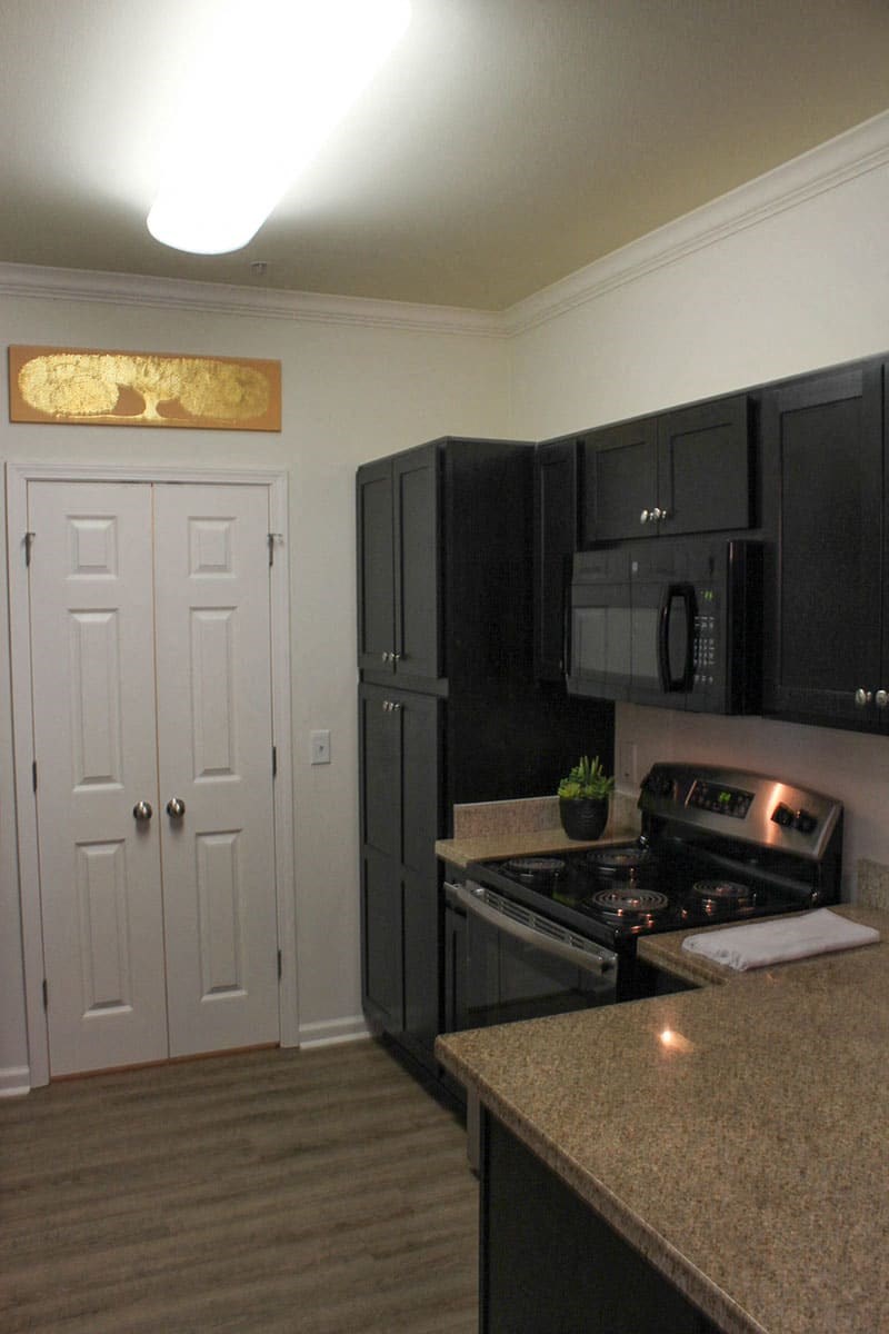 a kitchen with black cabinets and a stove and