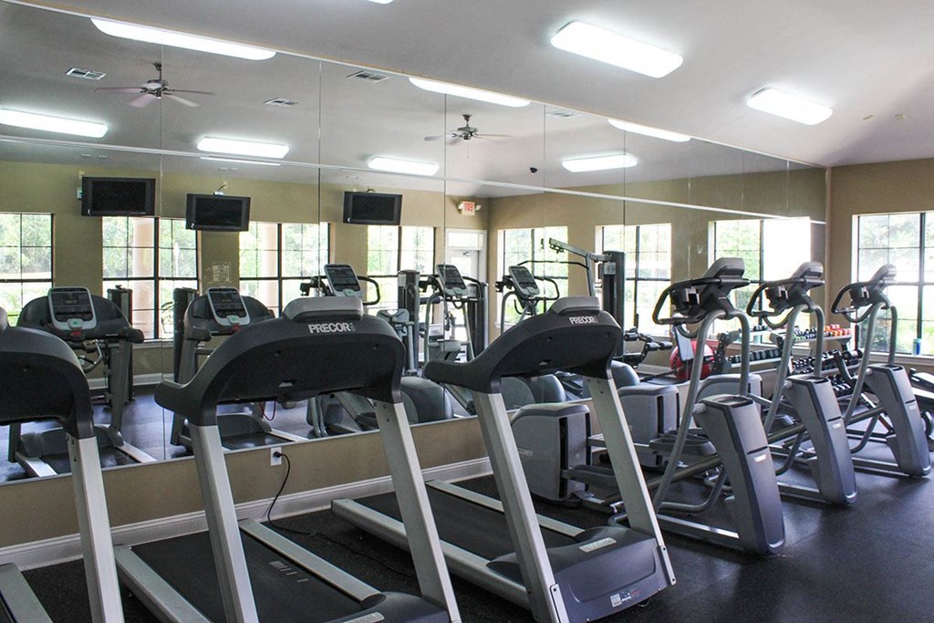 a gym full of cardio equipment and windows