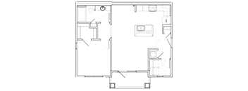 A floor plan of a house with a kitchen, living room, and bathroom.
