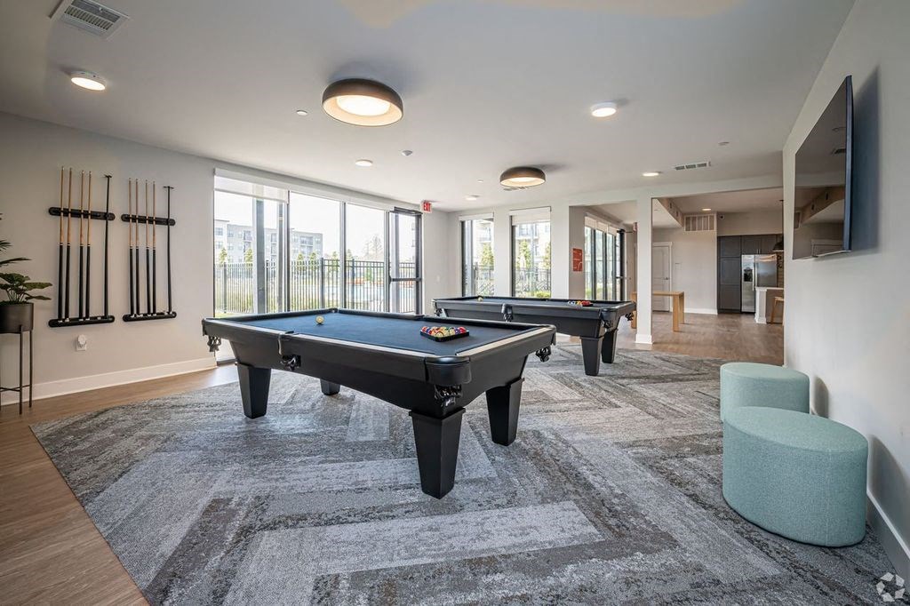 a game room with two pool tables and a tv