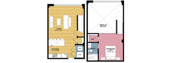 a floor plan of a house with two floors separated by a brick wall