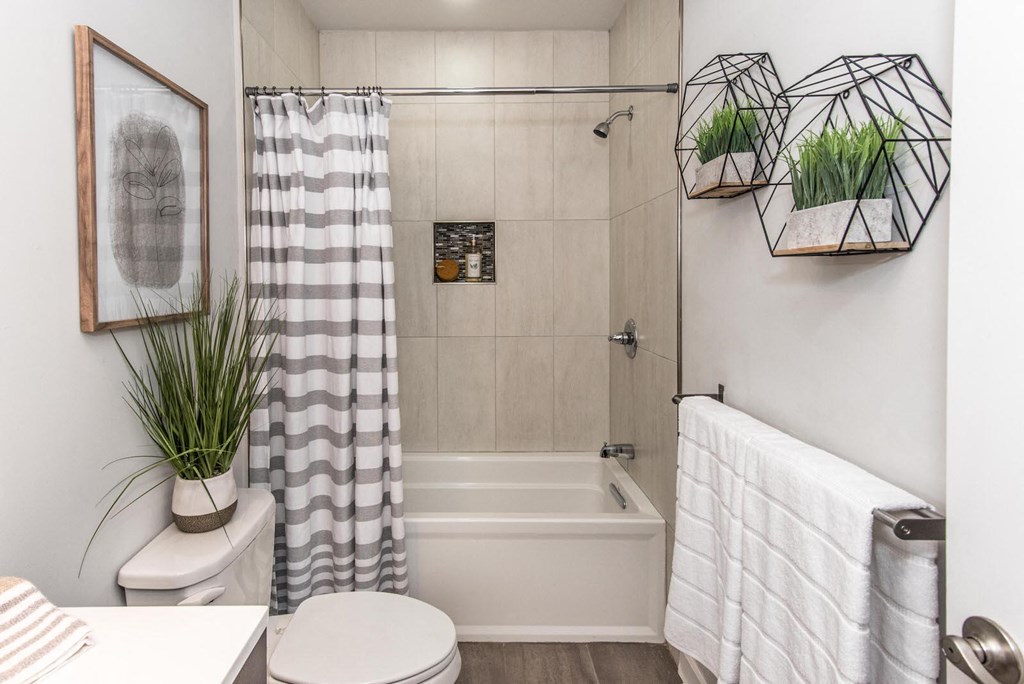 a bathroom with a shower and a toilet and a shower curtain
