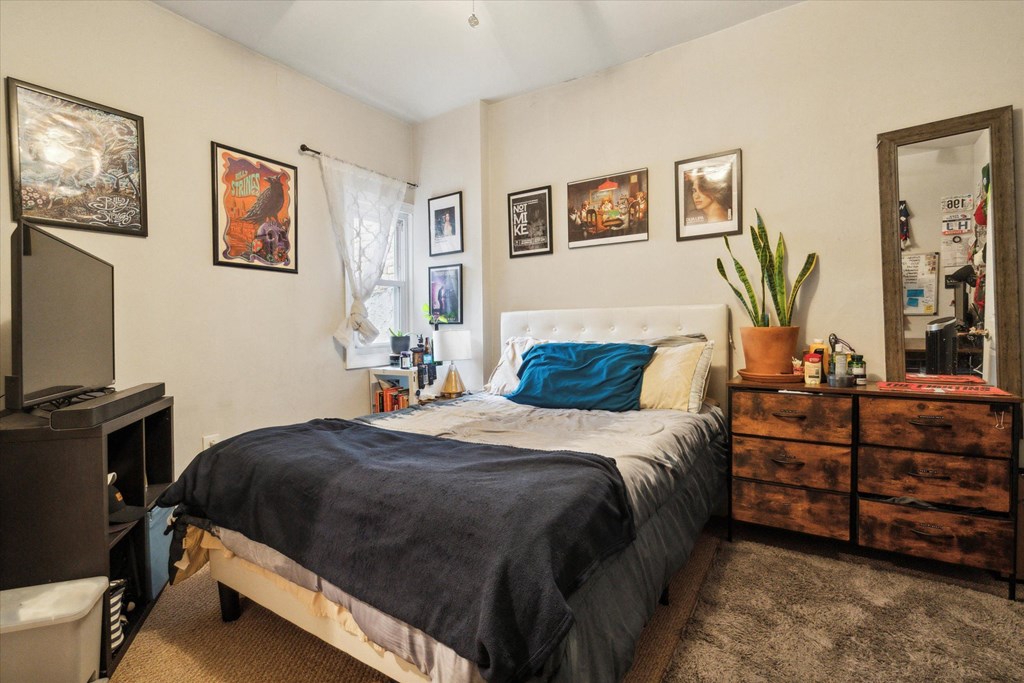 a bedroom with a bed and a dresser and a tv