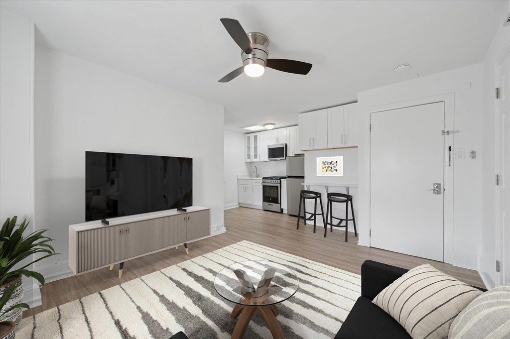 A living room with a black and white striped rug and a ceiling fan.