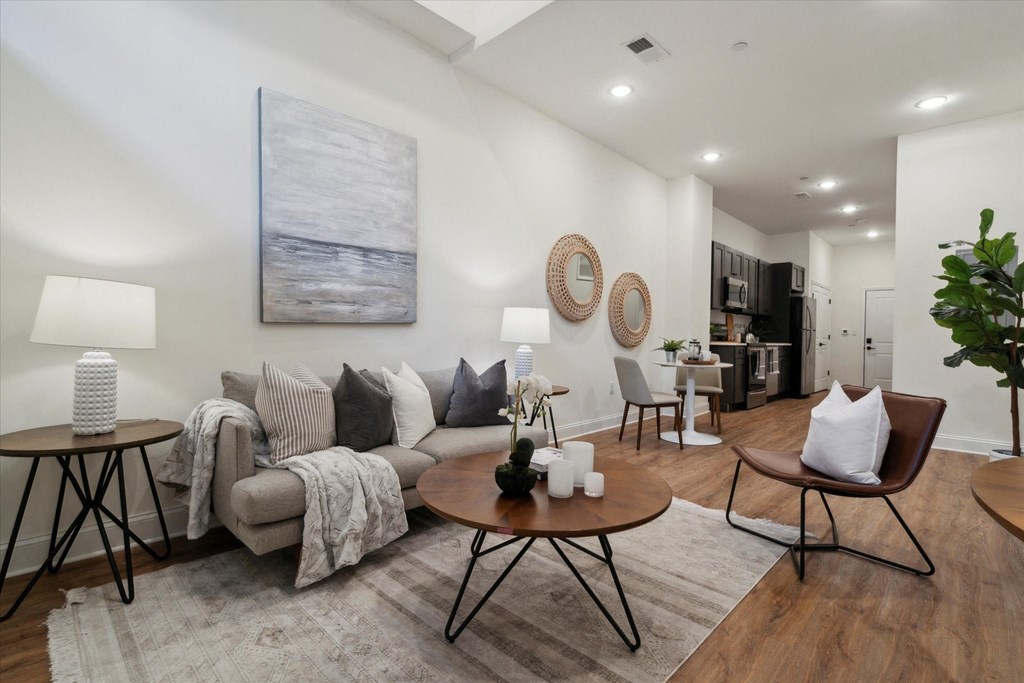 a living room with a couch and a table