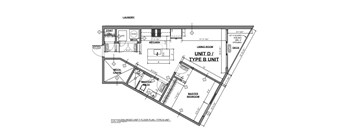 A floor plan of a two-bedroom apartment with a living room, kitchen, and bathroom.