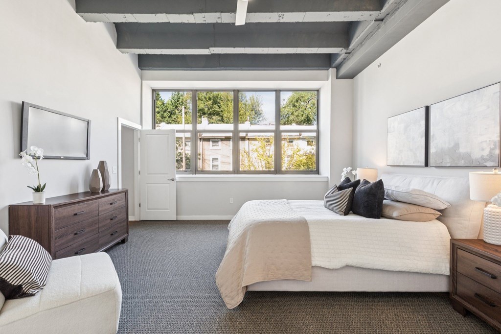 A bedroom with a large bed and a window overlooking a tree-filled street.