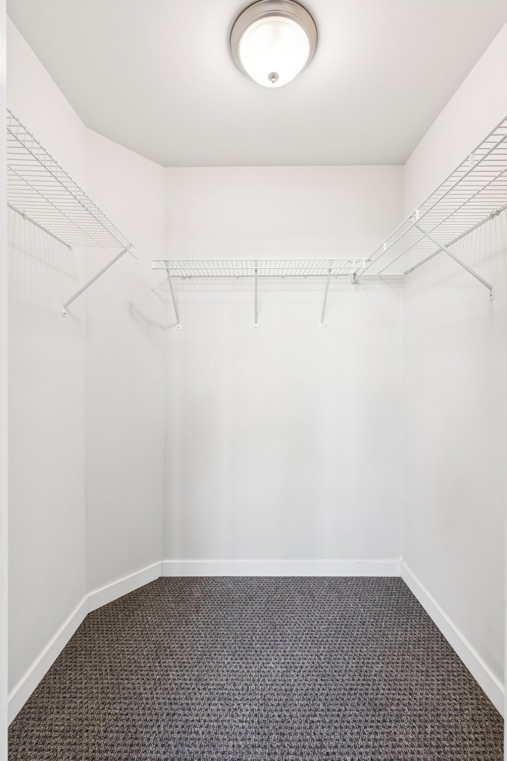 A small, empty room with a carpeted floor and a ceiling light.