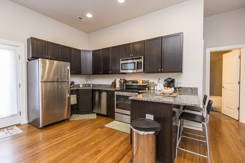 a kitchen with black cabinets and stainless steel appliances and a granite counter top