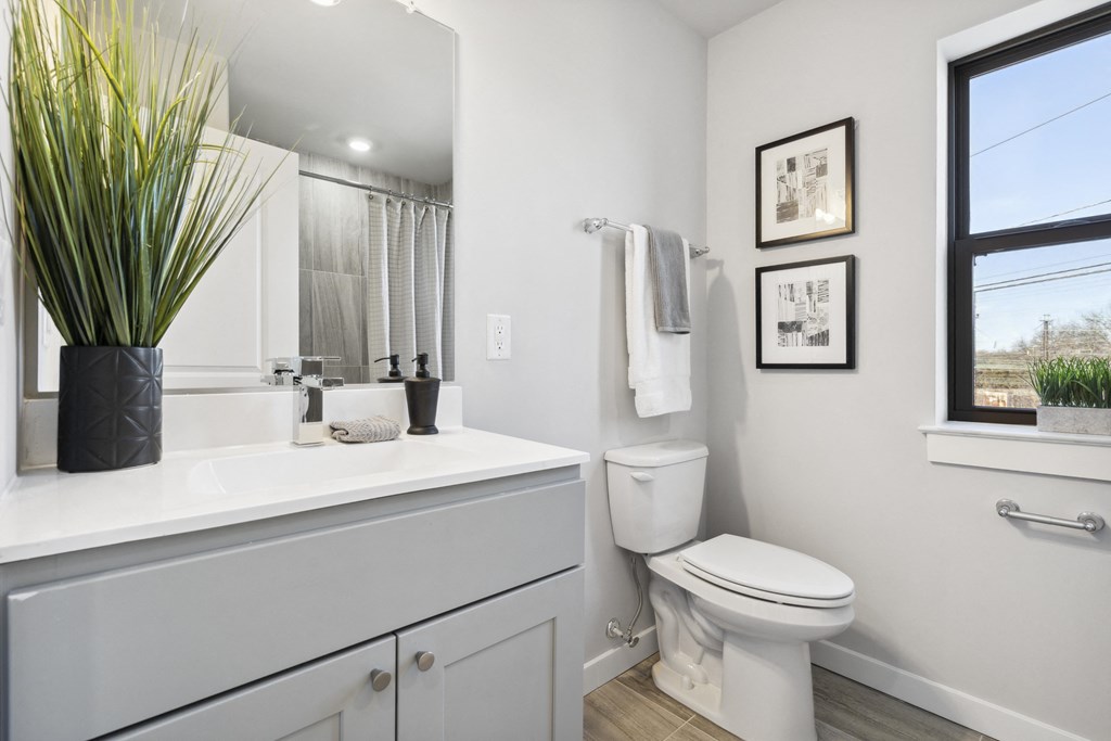a bathroom with a toilet sink and mirror